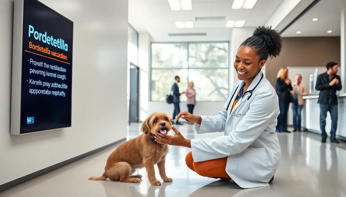 Veterinarian administering Bordetella vaccination to a small dog in a clinic.