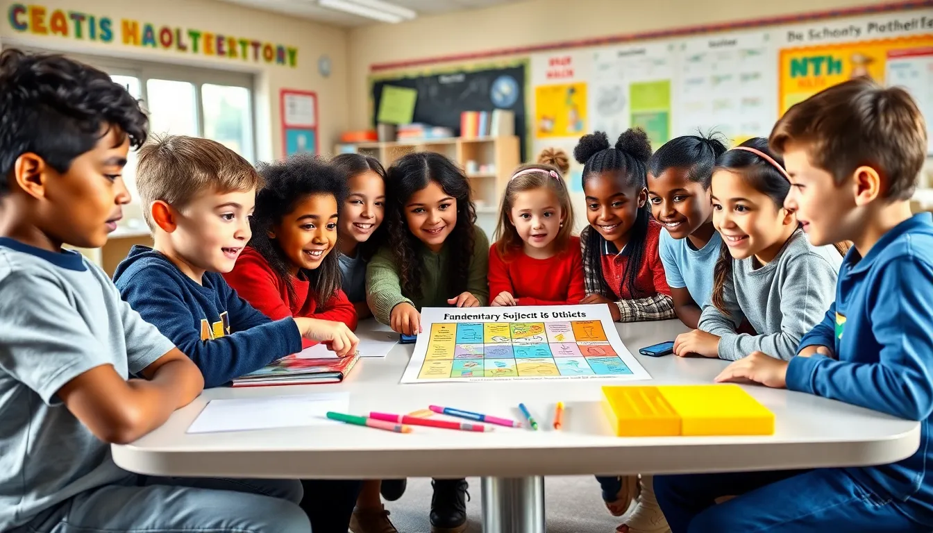 diverse elementary students collaborating in a modern classroom.