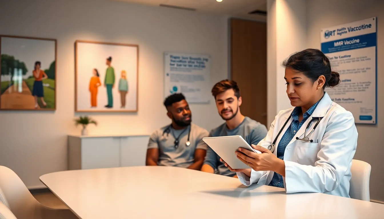 physician reviewing vaccination records with a diverse group of young adults.