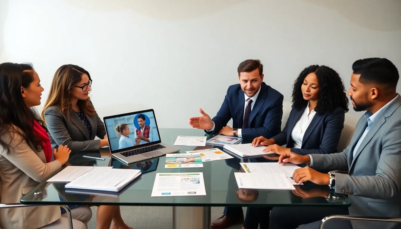 diverse professionals discussing adoption process in a modern office.