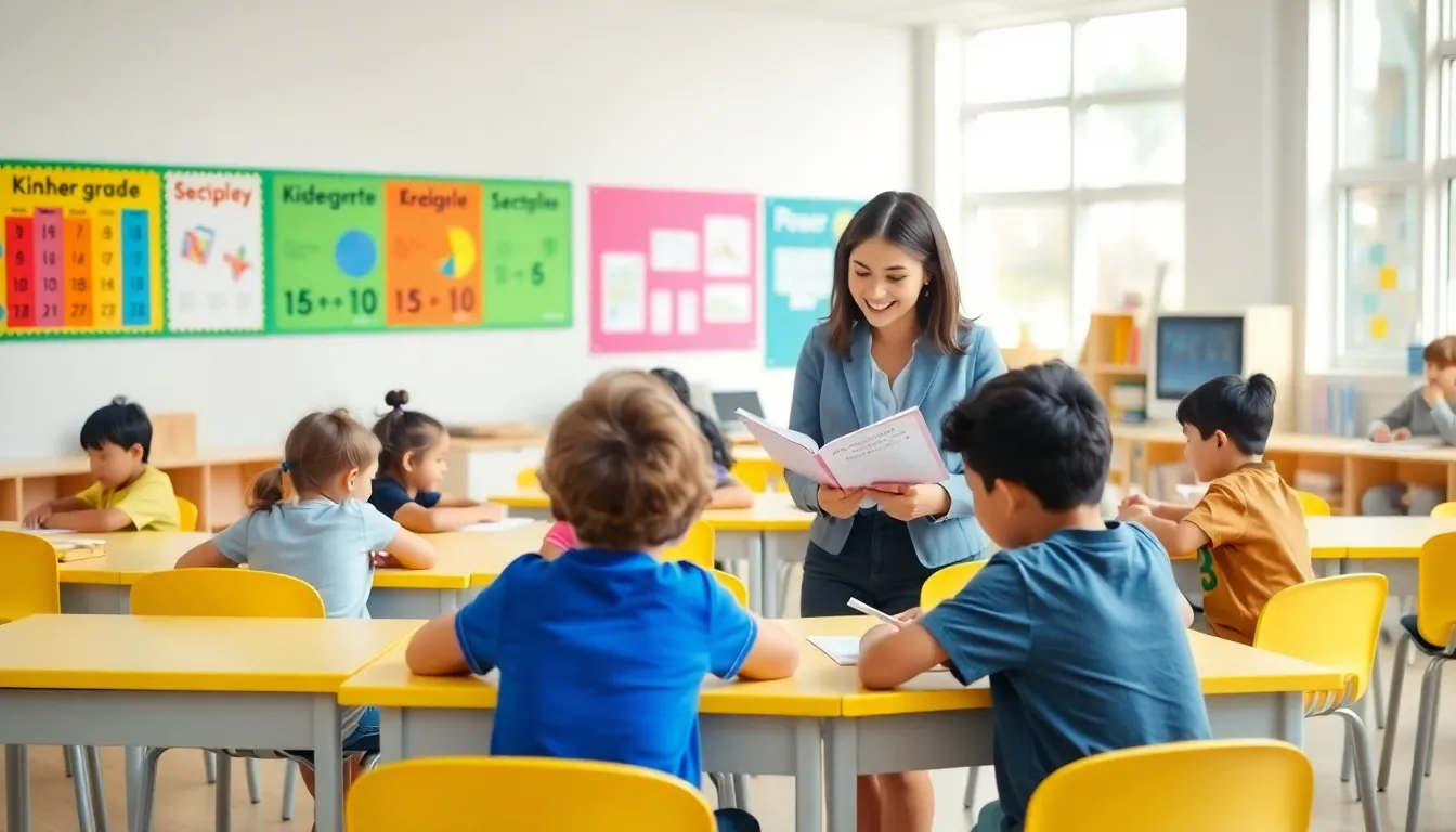 diverse students in a colorful elementary classroom setting.
