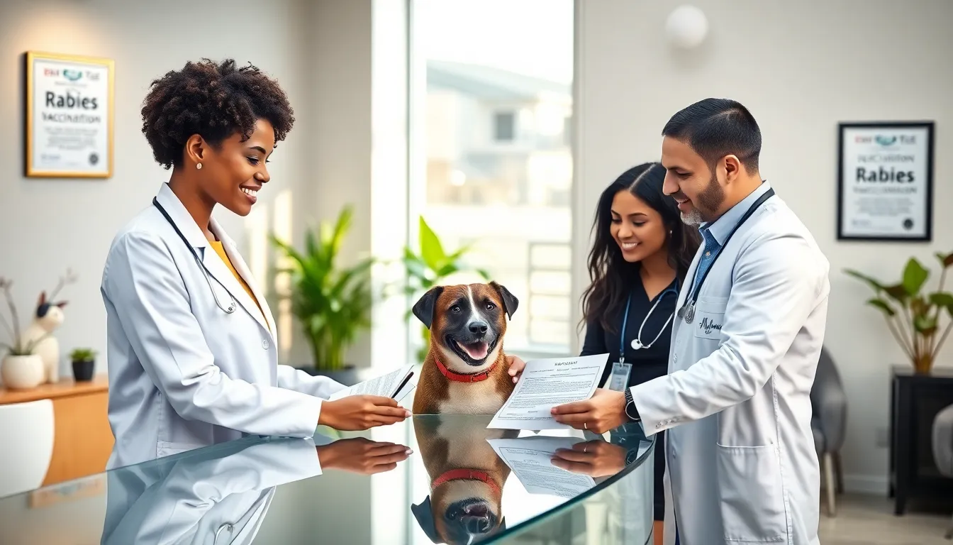 veterinarian reviewing a dog’s rabies vaccination form in a modern clinic.