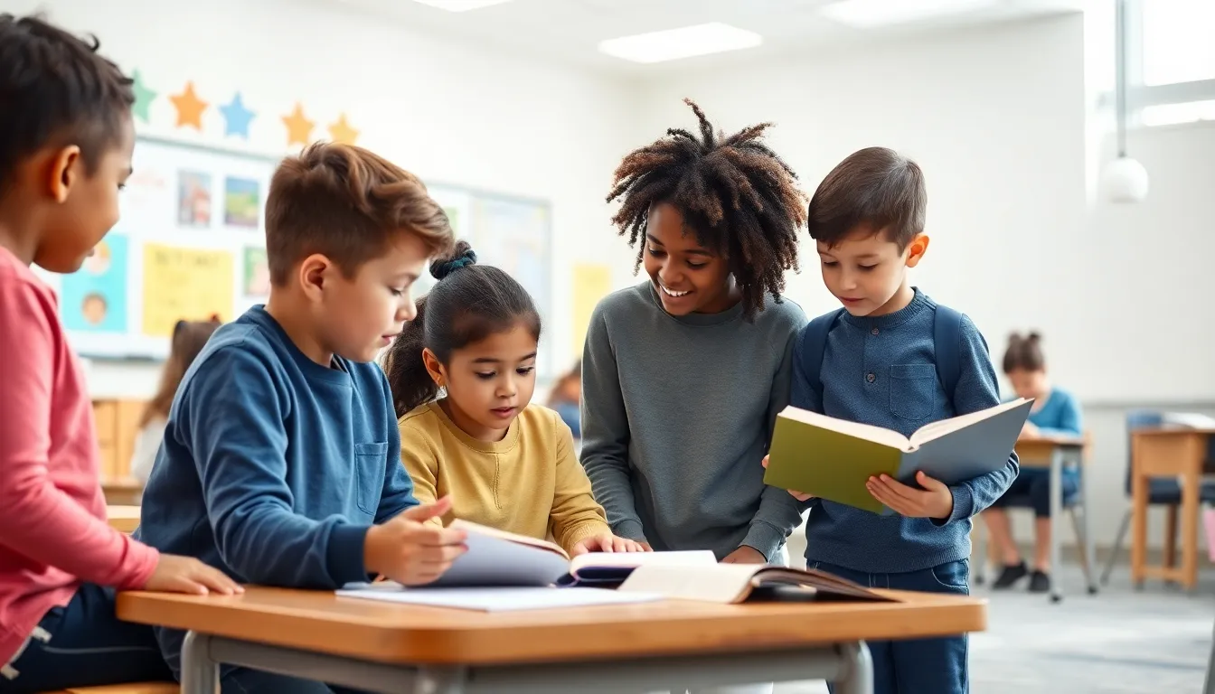 diverse children collaborating in a bright modern classroom.