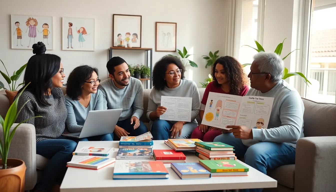 diverse foster parents discussing child care responsibilities in a cozy living room.
