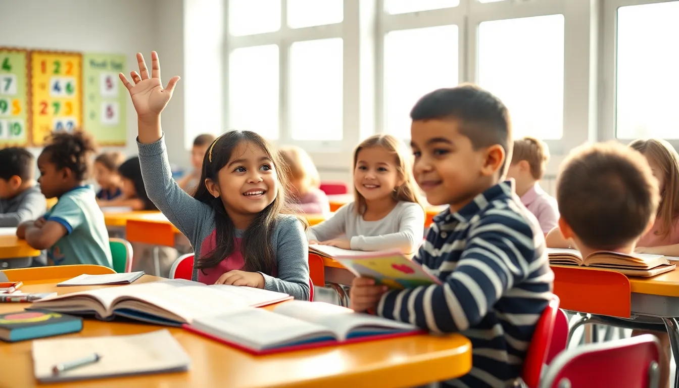 Children aged eight to nine collaborating in a bright classroom.