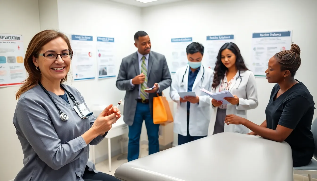 healthcare team discussing the Tdap vaccination in a modern clinic.