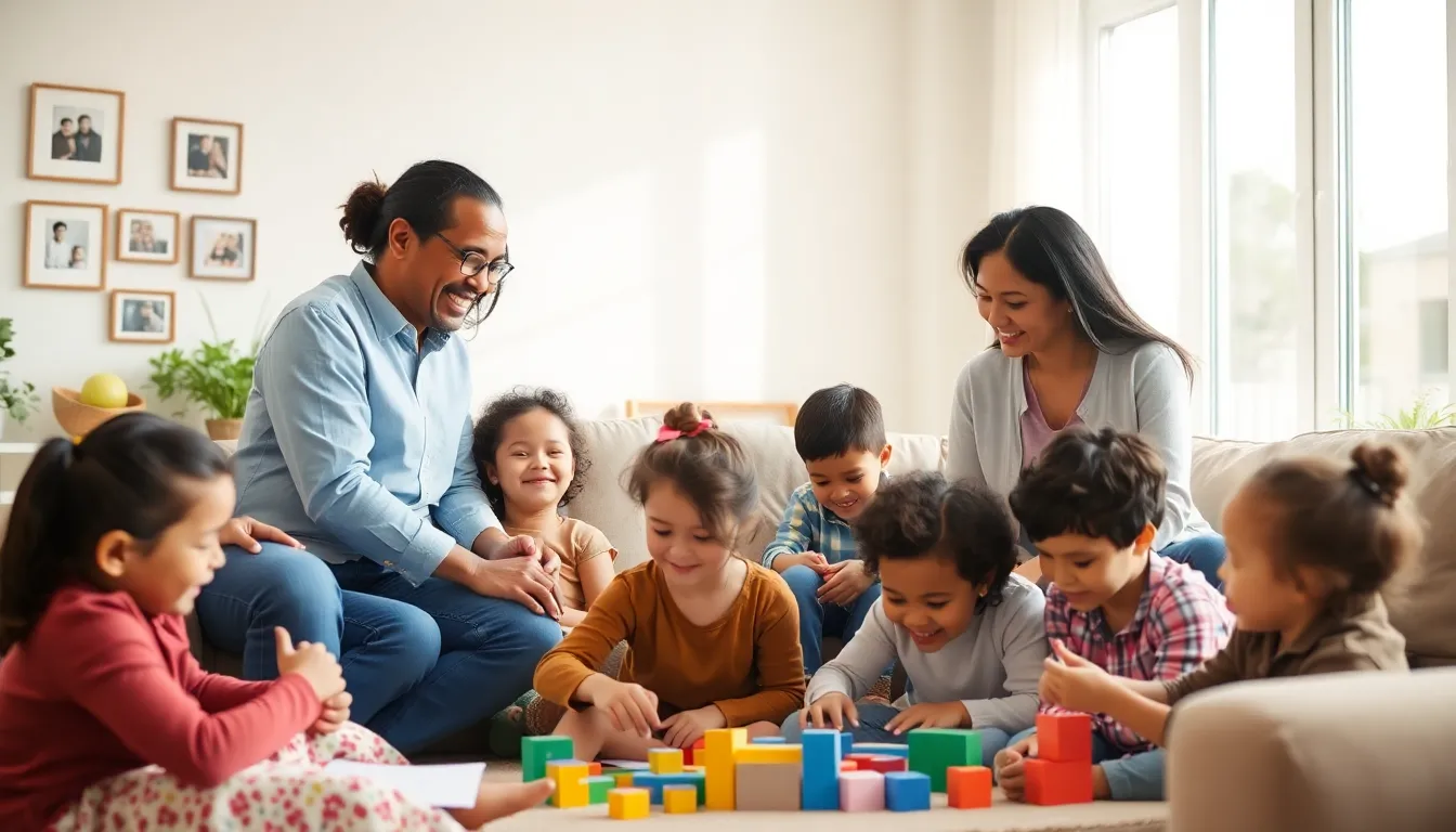 foster parents engaging with children in a welcoming living room.