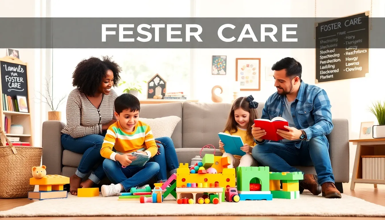 diverse foster parents interacting with children in a cozy living room.