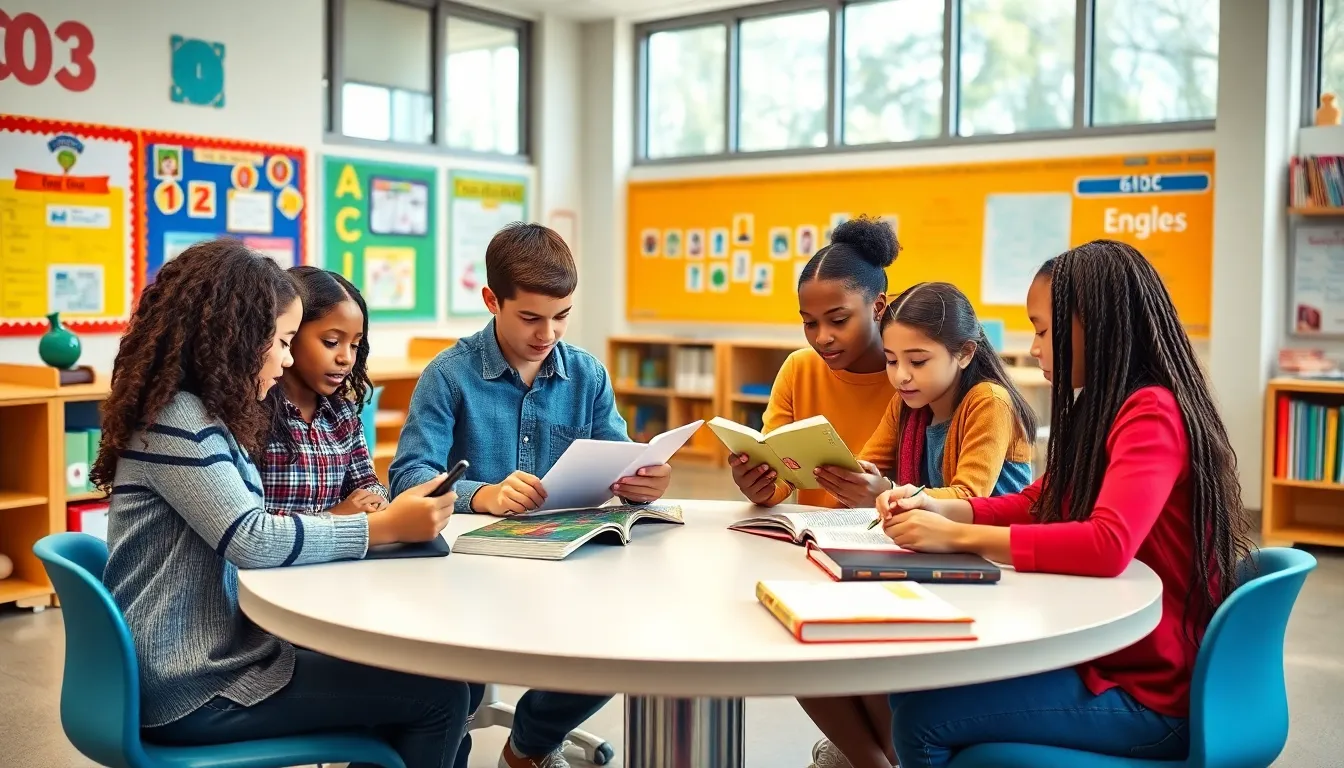 diverse 5th graders collaborating in a classroom setting.