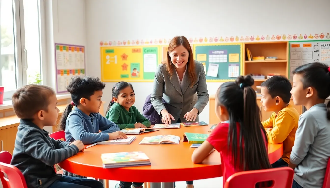 diverse elementary students collaborating in a bright classroom setting.