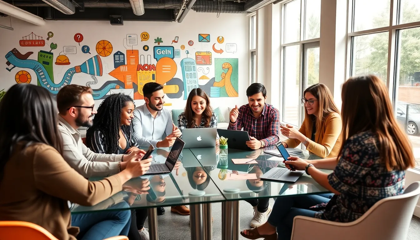 diverse digital creatives collaborating in a bright co-working space.