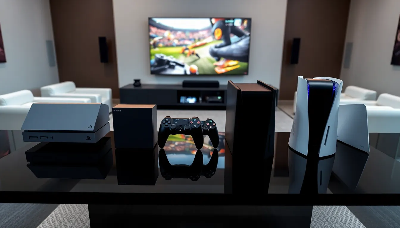 display of PlayStation consoles showing evolution from PS1 to PS5.