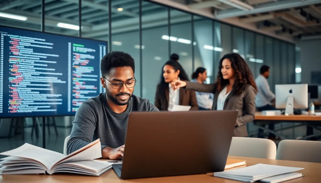 diverse developers collaborating in a modern office on Java programming.