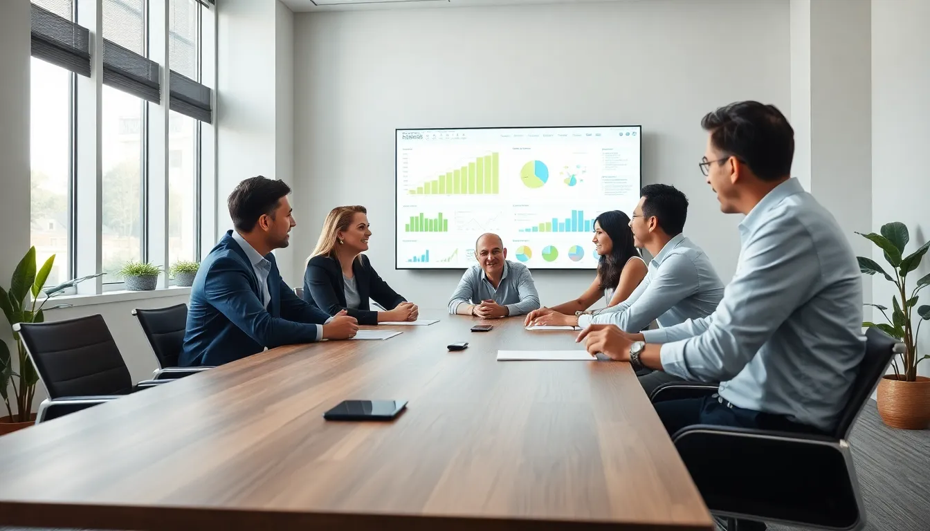 diverse professionals discussing sustainable energy solutions in an office.