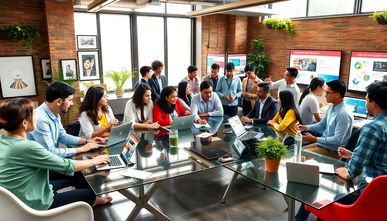 diverse group collaborating in a modern digital community space.
