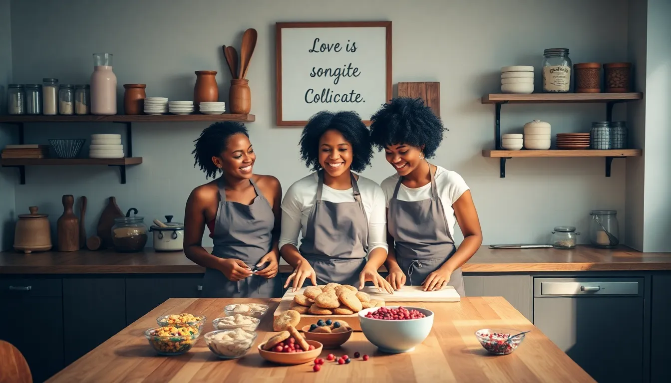 diverse bakers joyfully creating cookies in a cozy kitchen.