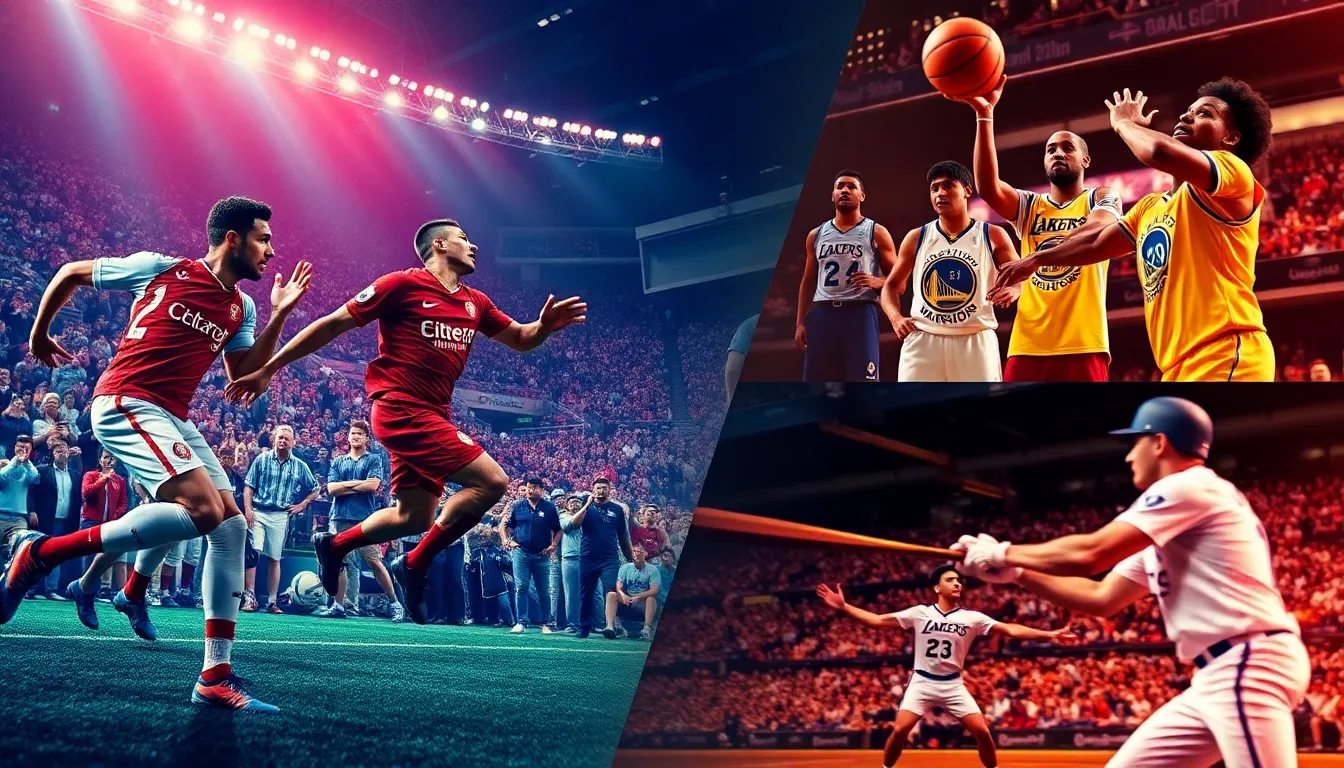 collage of highlights from major sports events including football, basketball, and baseball.