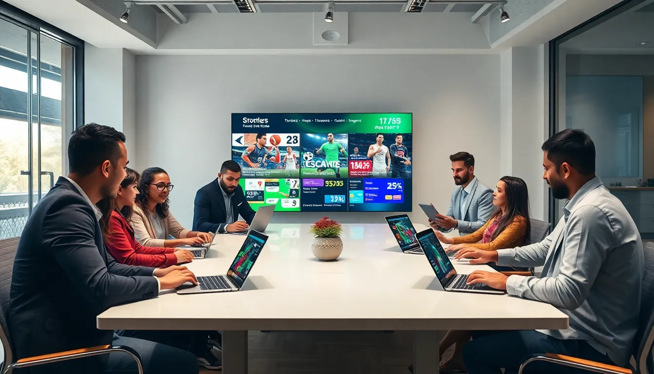diverse team discussing sports updates in a modern workspace.