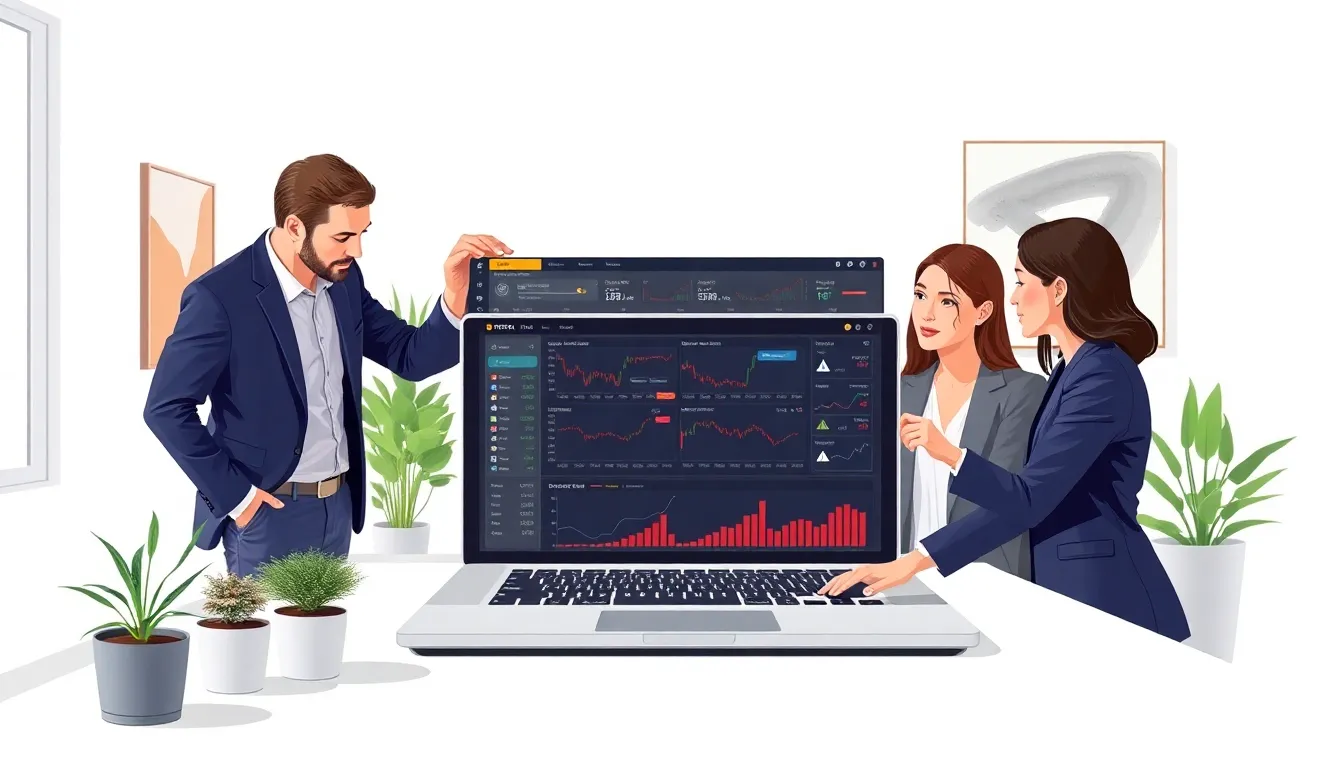 diverse team discussing trading strategies in a modern office.