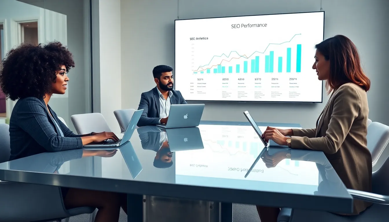 diverse team discussing digital marketing strategies in a modern office.