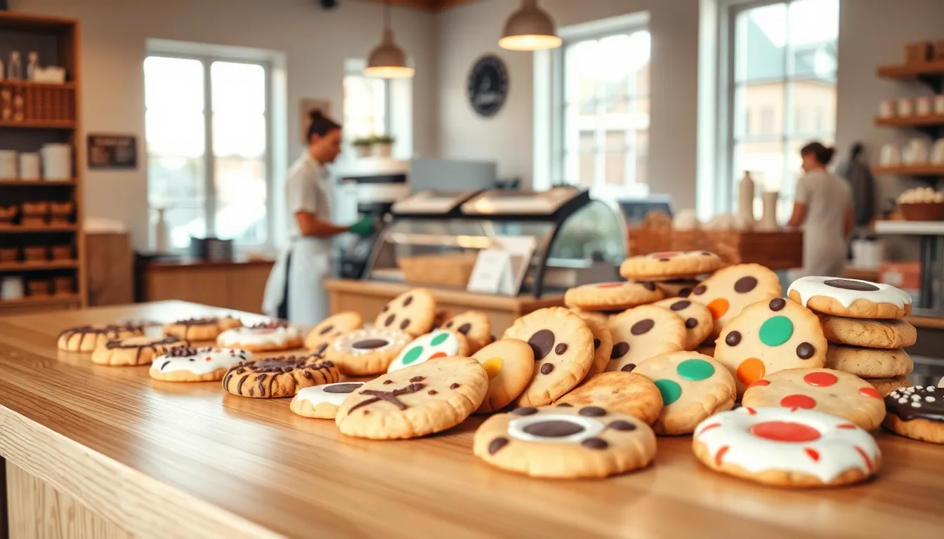a cozy bakery with an array of beautiful cookies and a friendly baker.