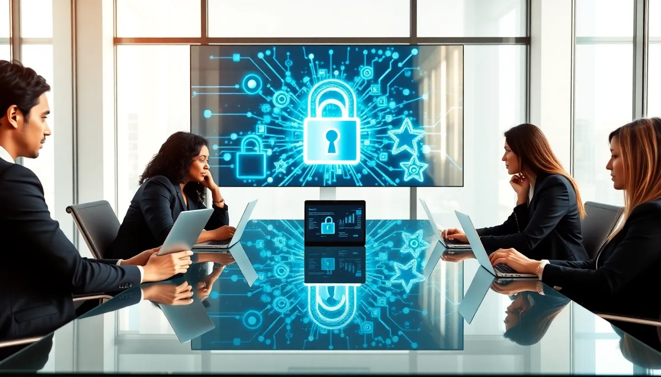 diverse team discussing online privacy strategies in a modern office.