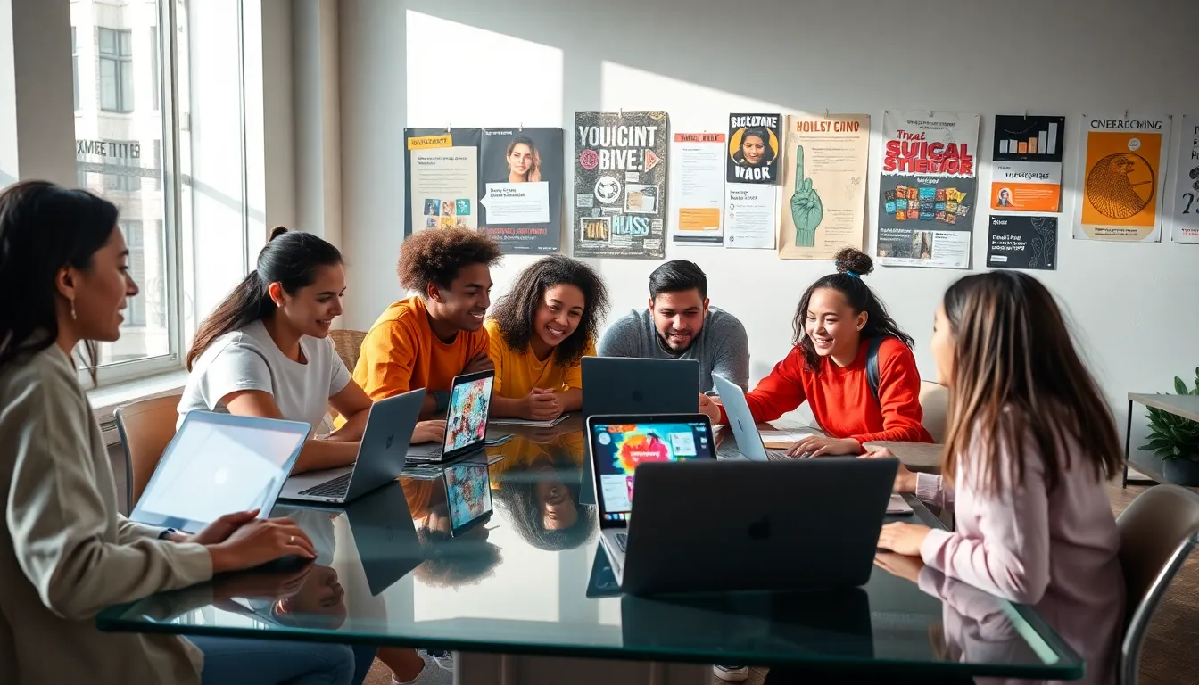 diverse creators collaborating in a modern workspace.