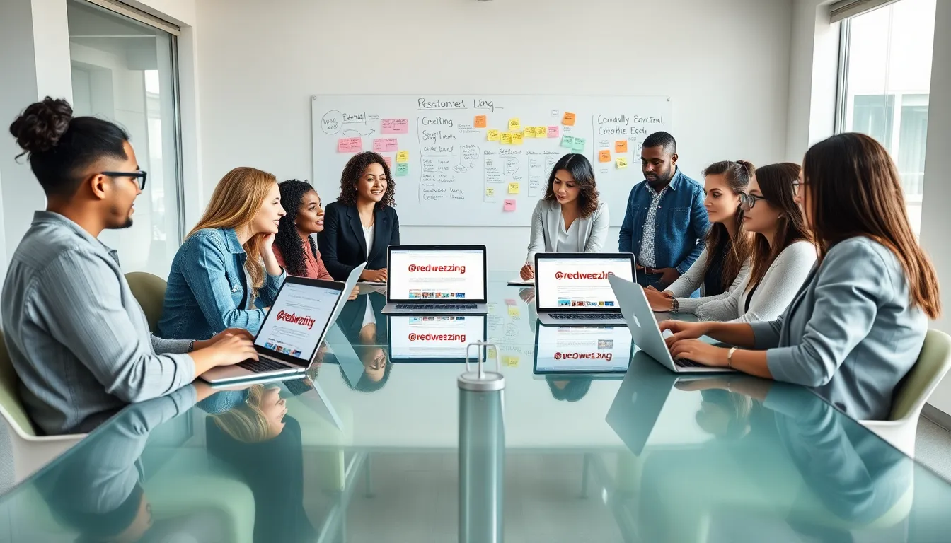 diverse professionals collaborating in a modern workspace to discuss Redwebzine.