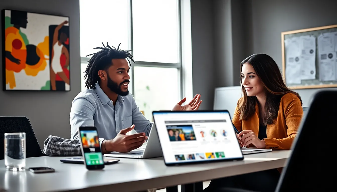 diverse team discussing sports updates in a modern office.