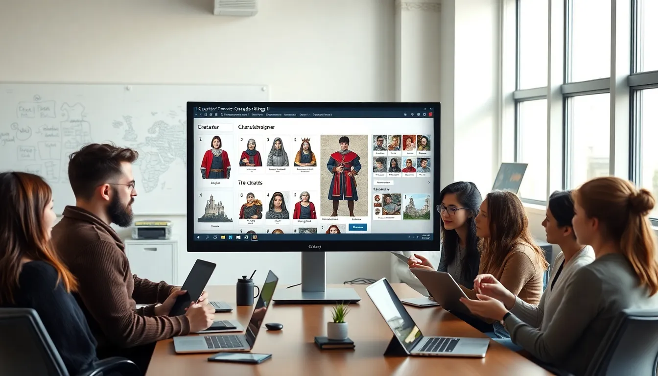 workspace with character design tools and diverse professionals collaborating.