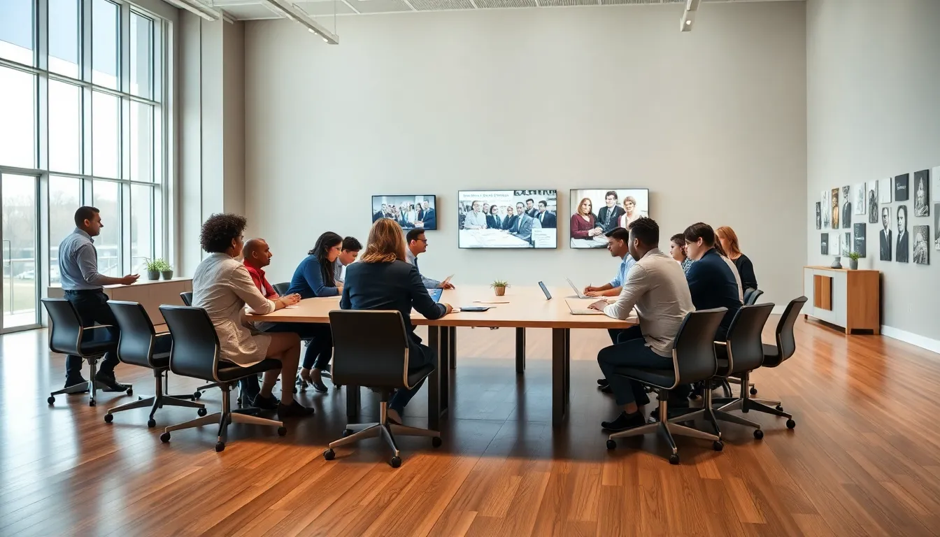 diverse group meeting in a modern community hall setting.