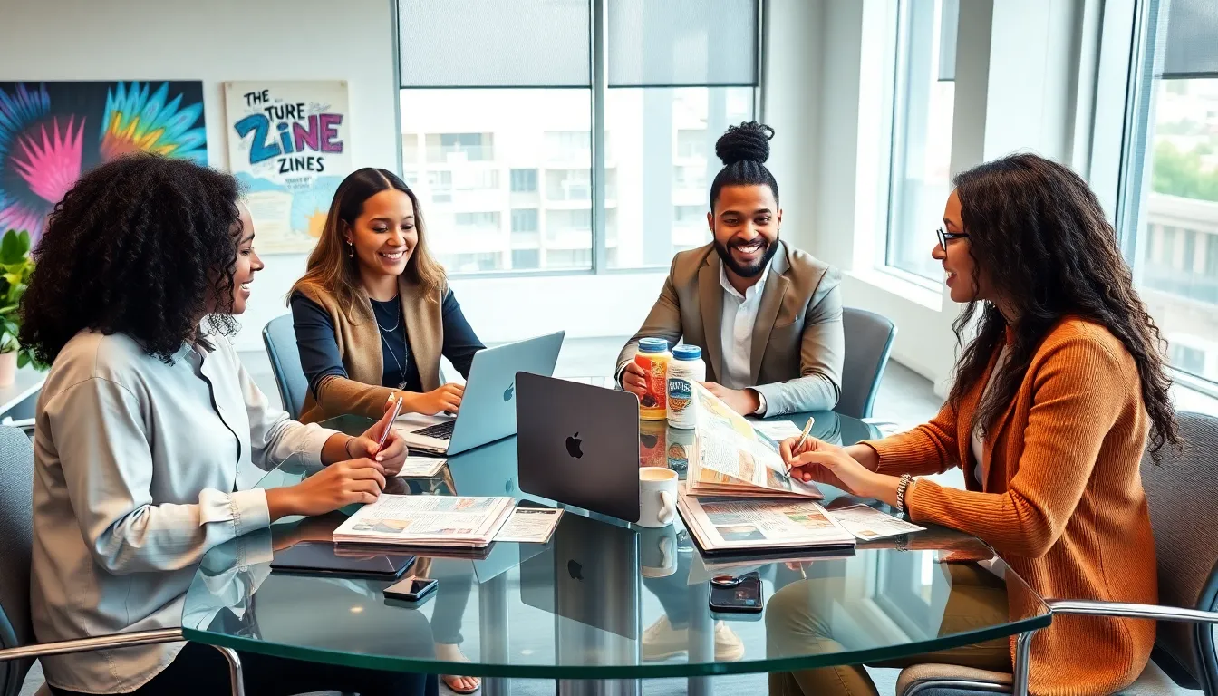 diverse team collaborating on an online zine in a modern office.
