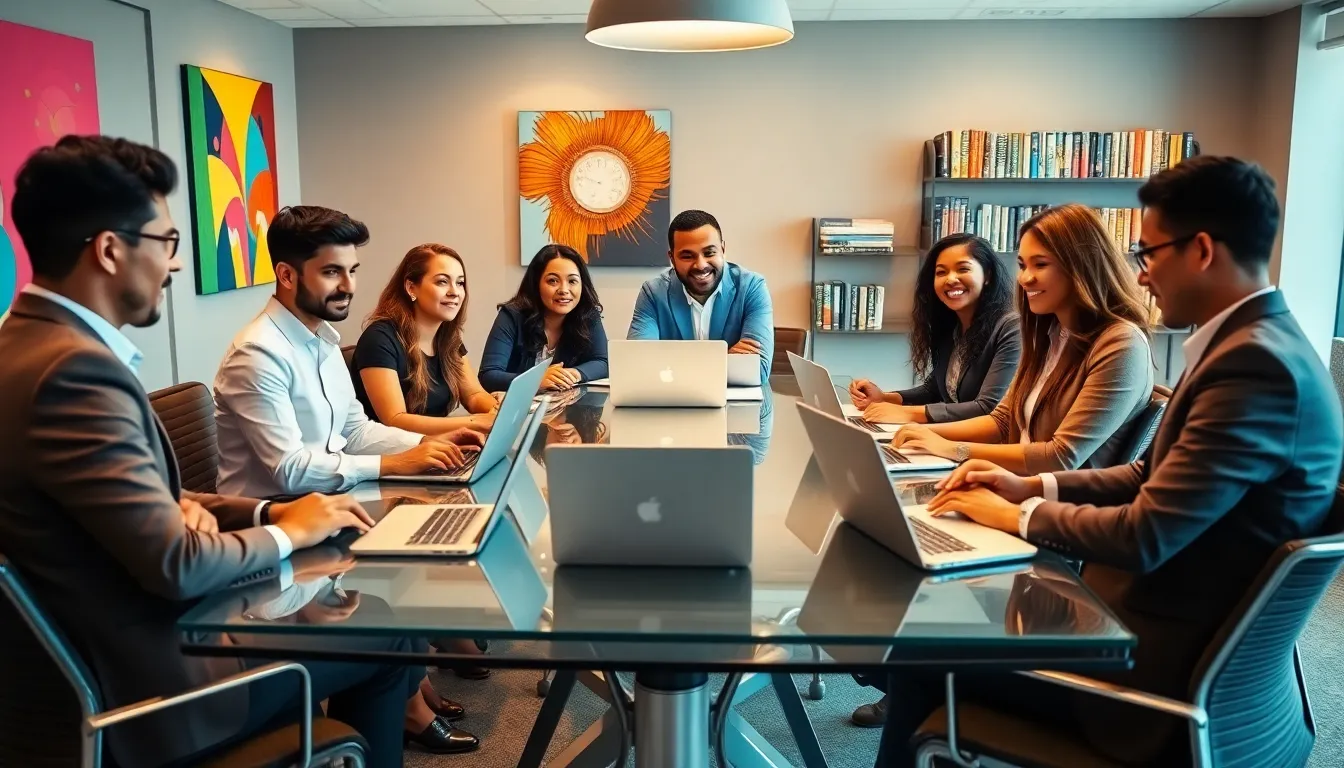 diverse professionals collaborating in a modern office space.