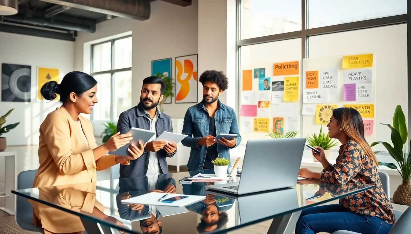 diverse team brainstorming in a modern workspace.