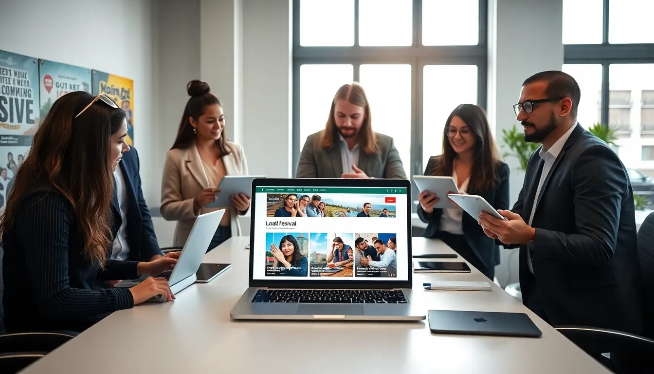 diverse professionals exploring local events on laptops in a modern office.
