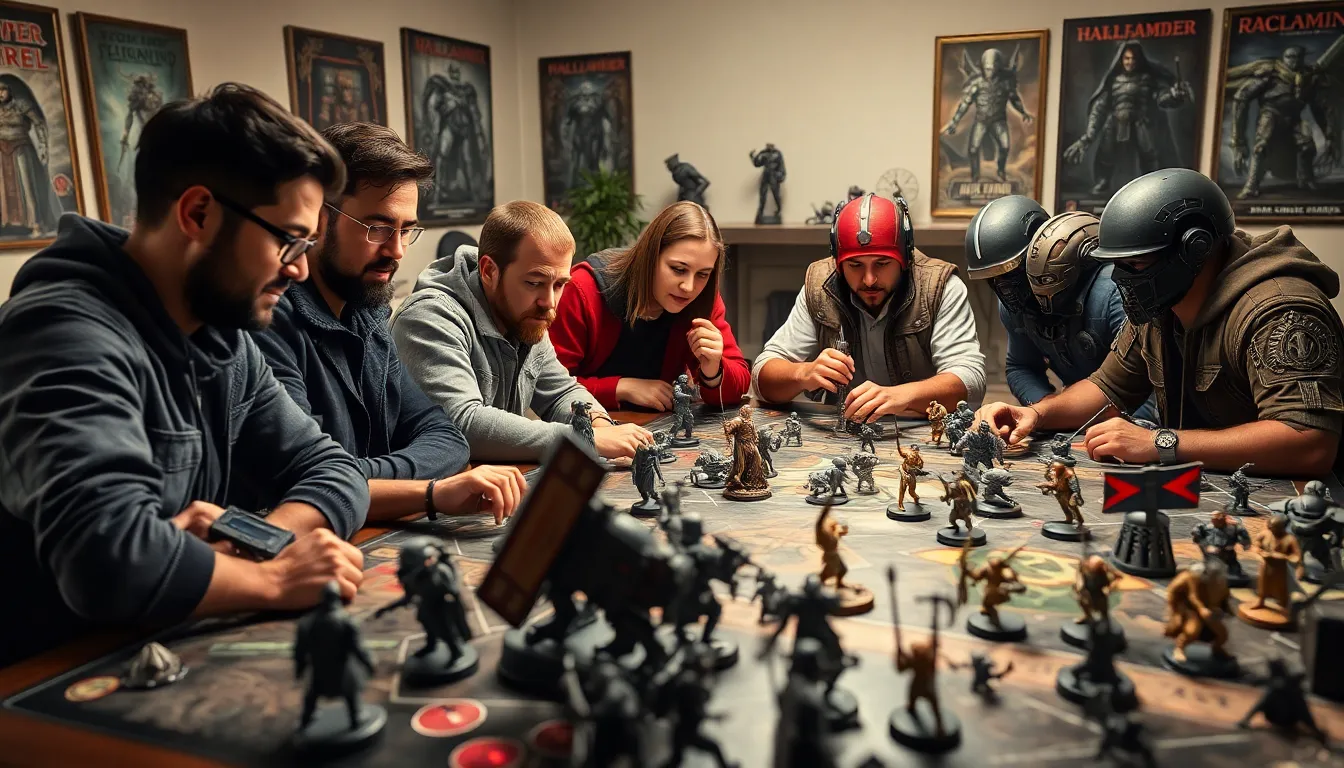 diverse gamers strategizing over a Warhammer 40K game board.
