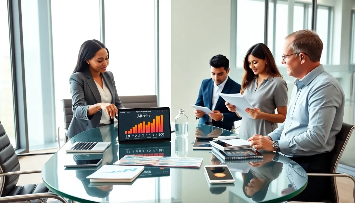 diverse team discussing altcoins in a modern office setting.