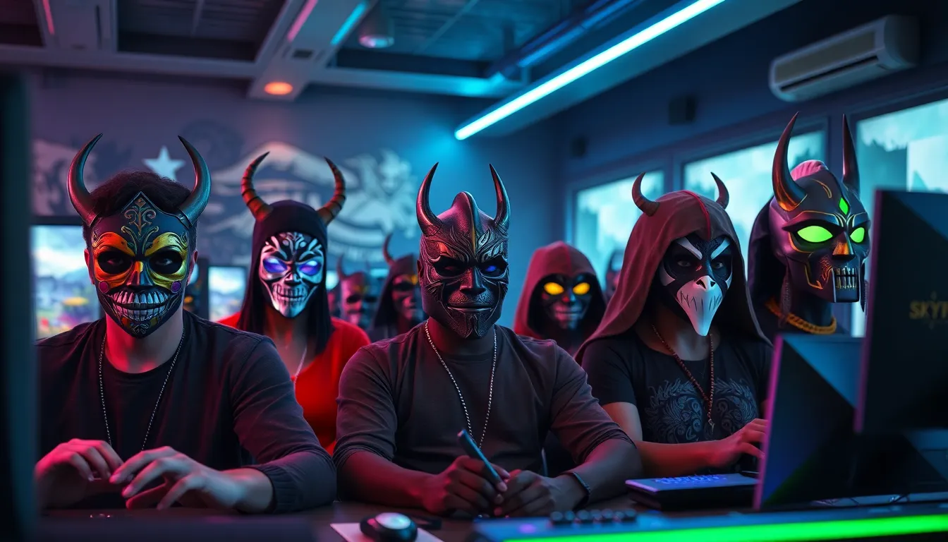 diverse gamers customizing Skyrim characters with unique face masks.