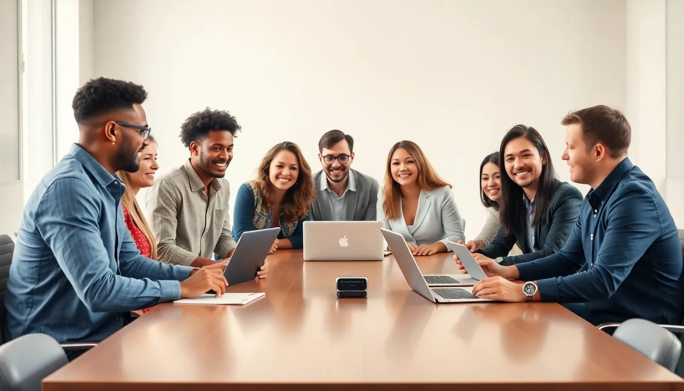 diverse team discussing ideas in a modern office setting.